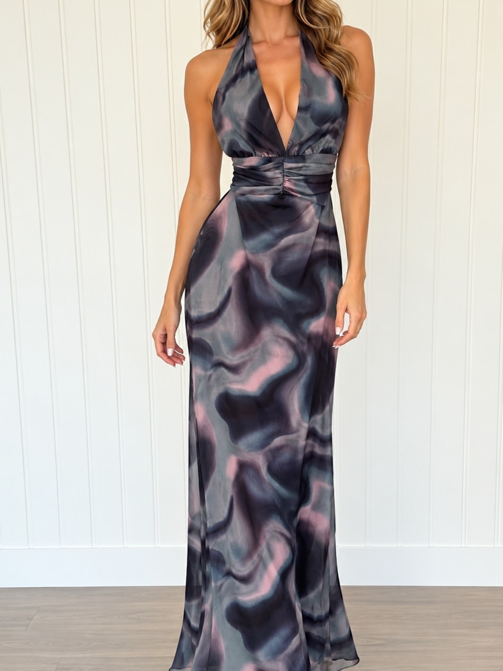 NWT Soft Halter Cocktail Dress in Smoky Blue/Black and Rose